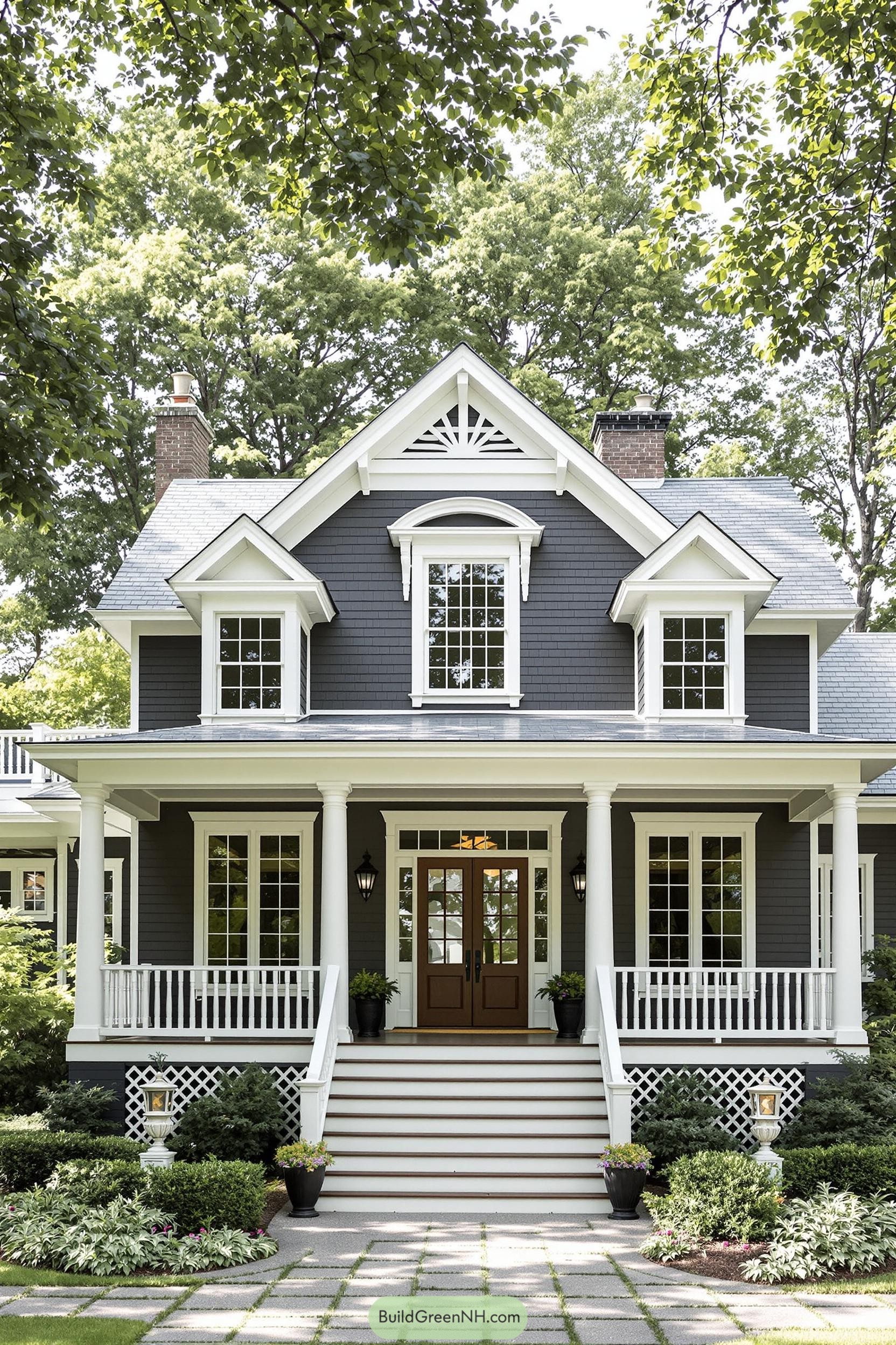 Classic dark gray country house with white trim and porch