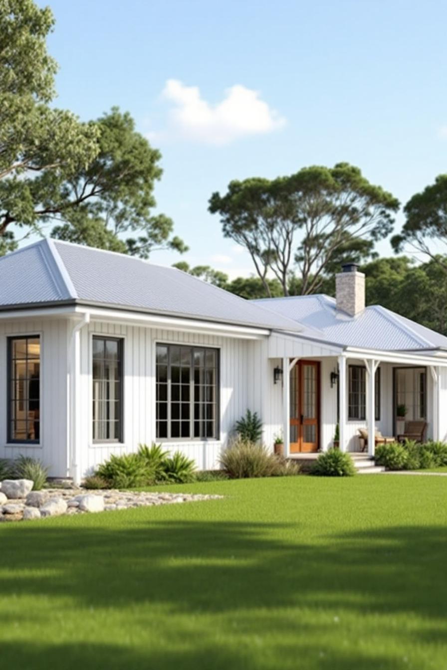 Charming white house with lush green lawn and trees