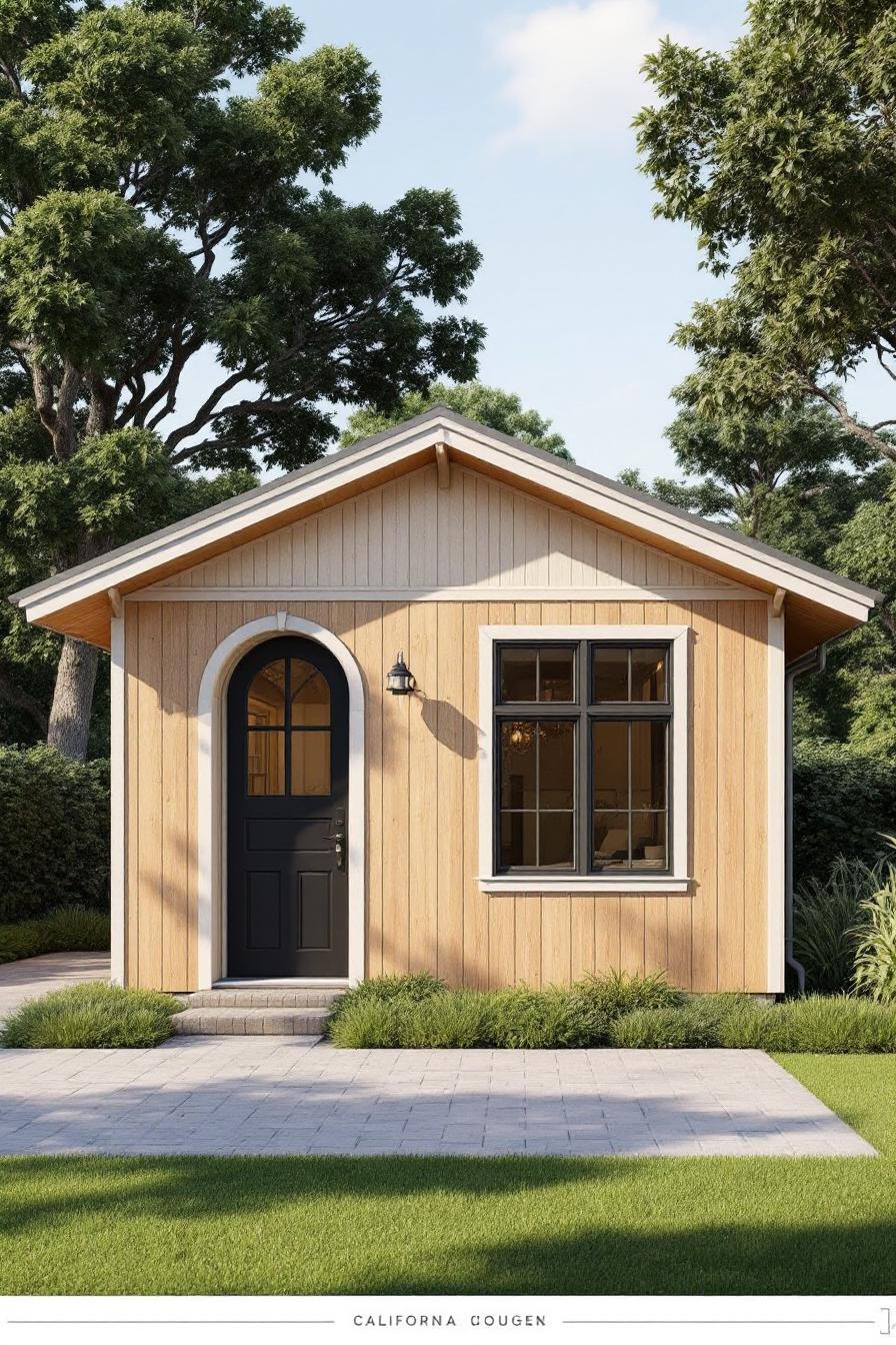 Small tan cottage with arched black door and a rectangular black-trimmed window