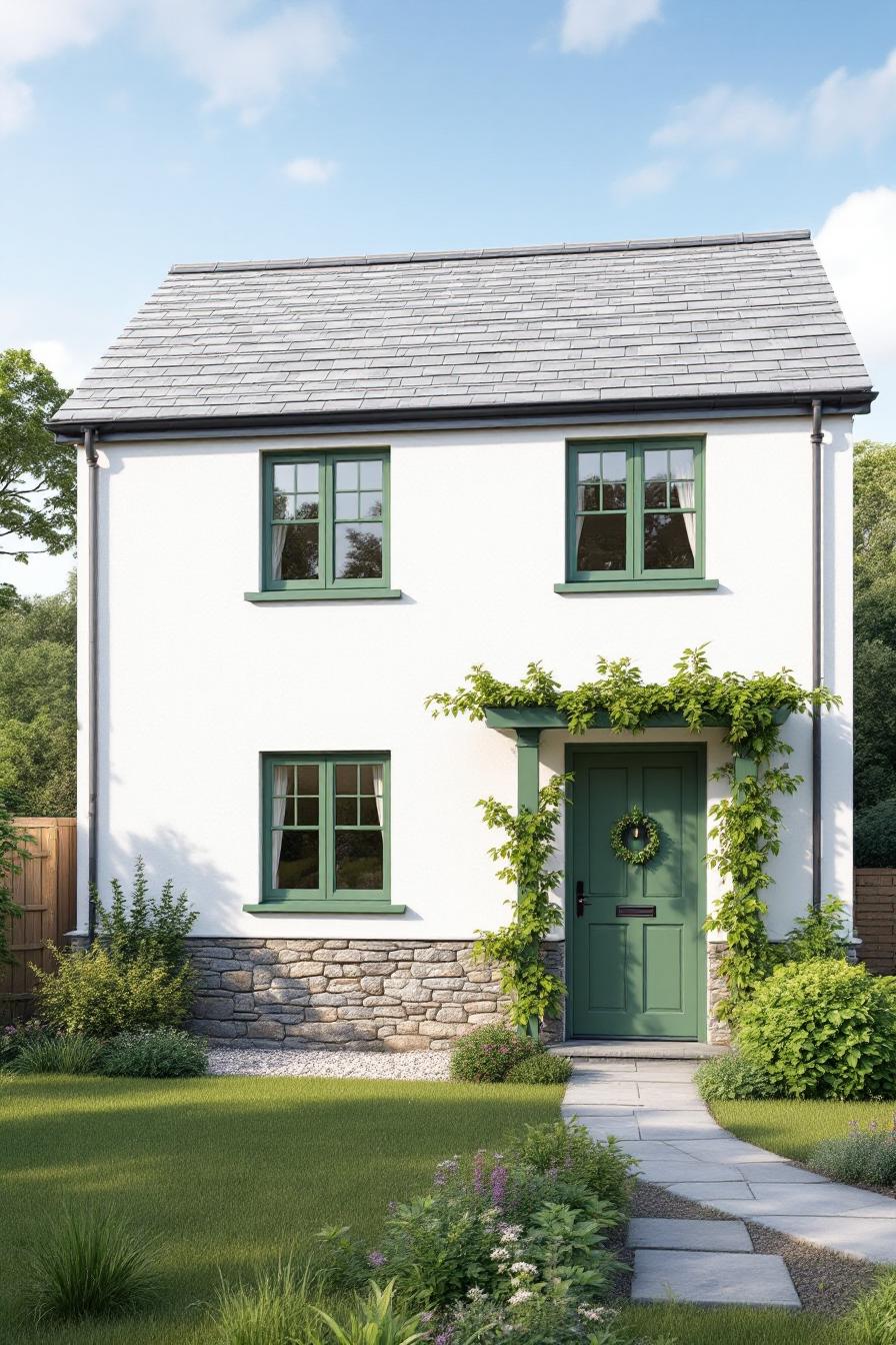 Cornish-style cottage with stone base and greenery