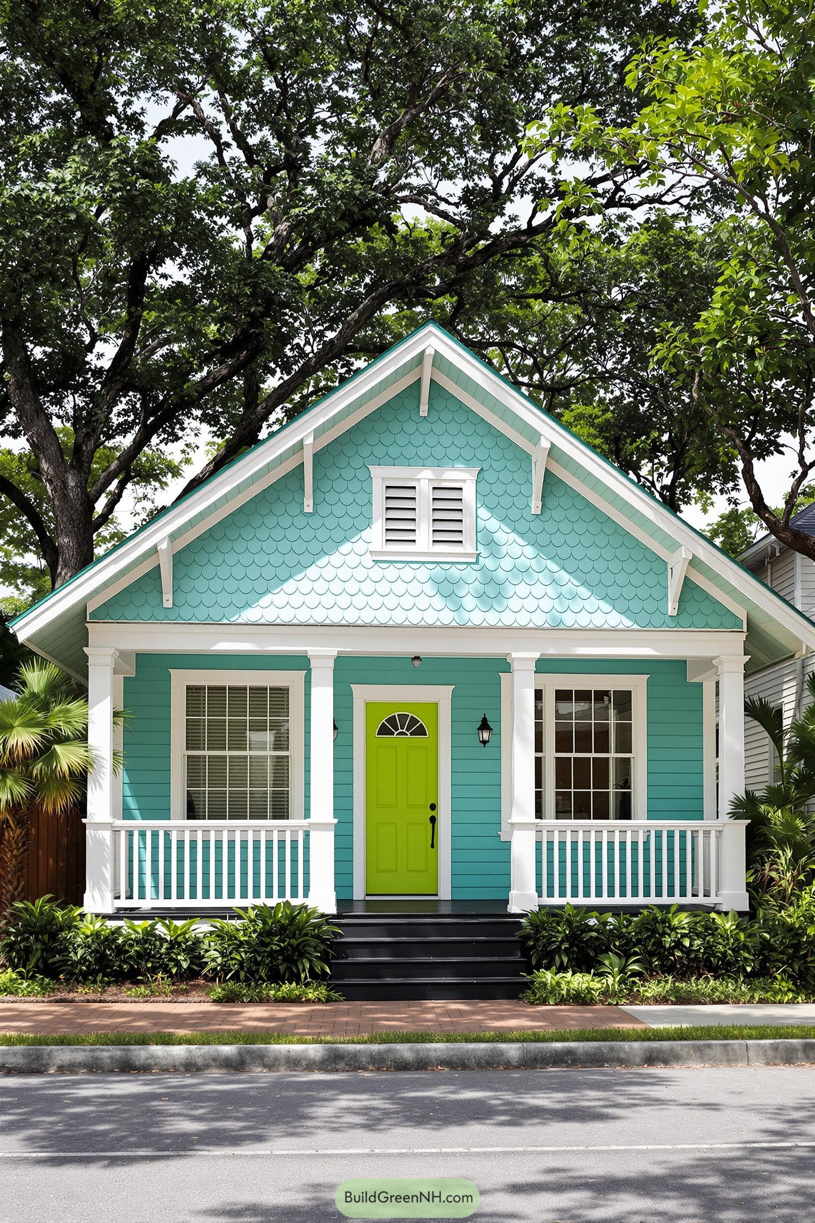 Cheerful turquoise bungalow with a bright green door