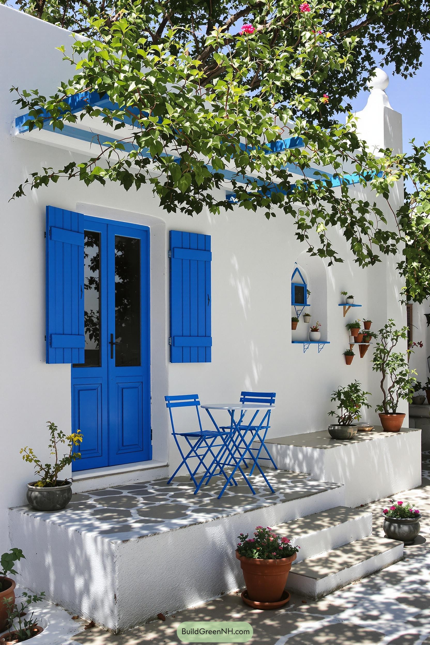 Charming white cottage with blue accents and lush plants