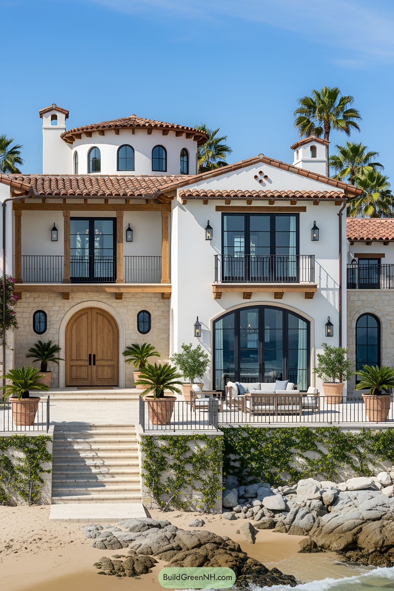 Mediterranean beach house with arched windows and terracotta roof