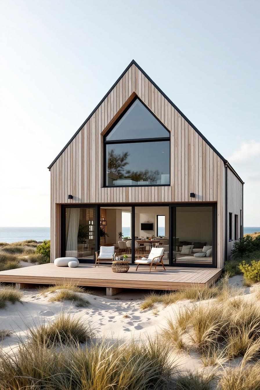 Modern Scandinavian-style cottage with large windows and wooden deck