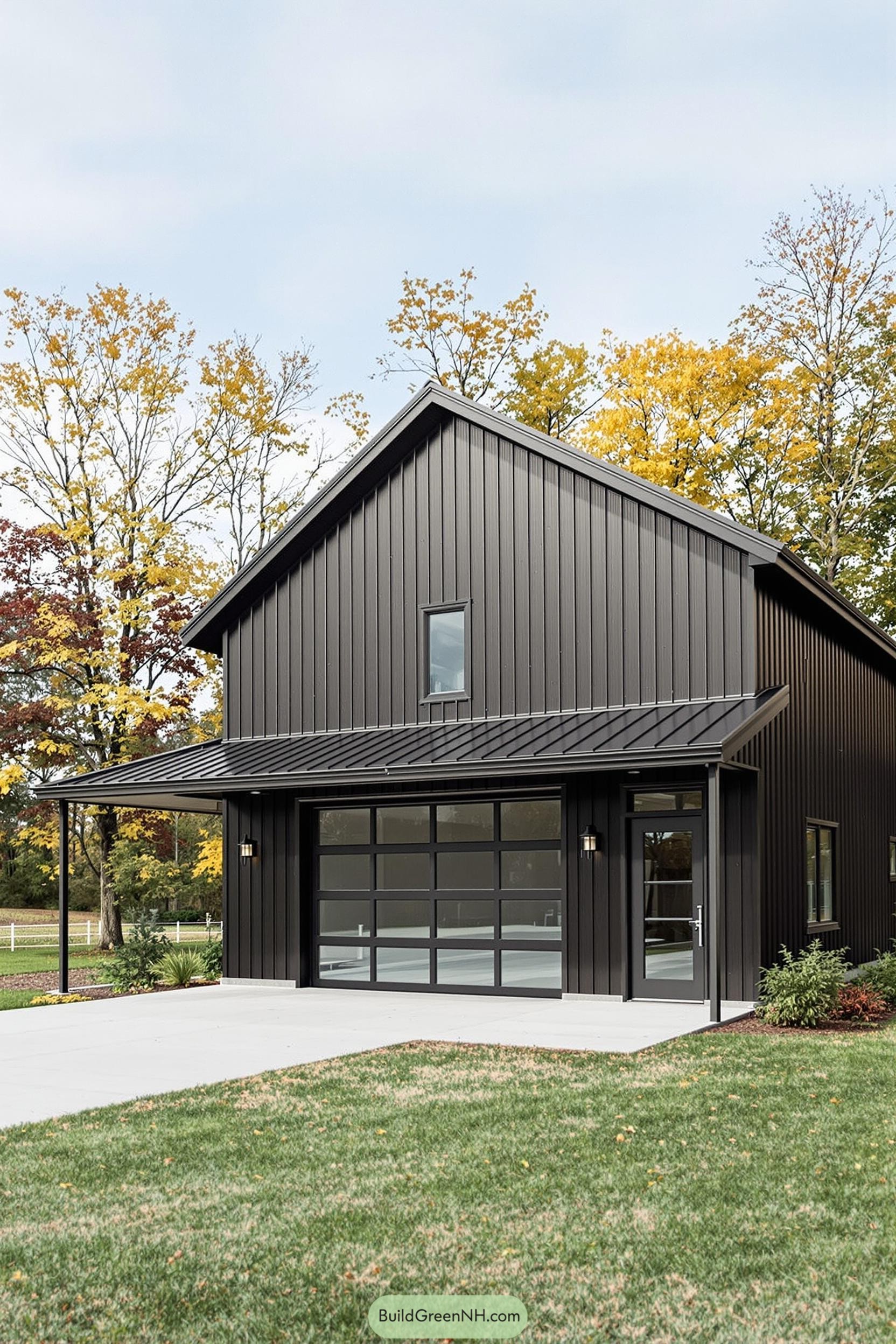Modern black barndominium with large garage door and lush surroundings