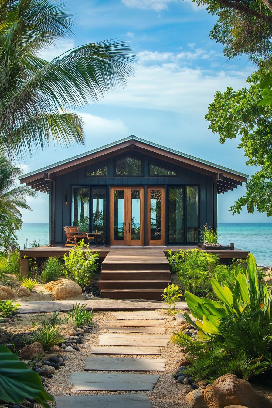 Charming wooden beach shack with palm trees