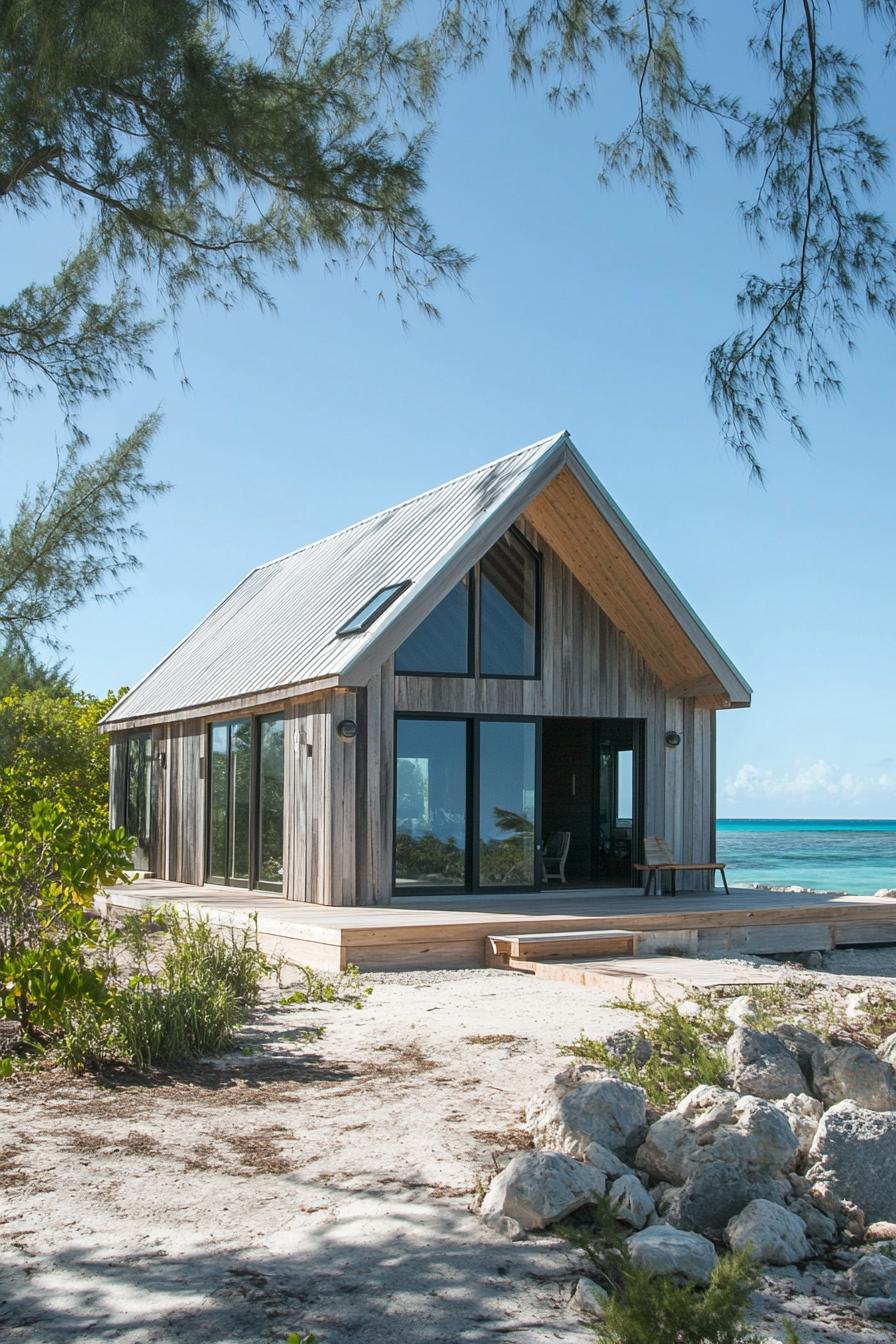 A charming wooden beach hut with glass doors, nestled by the sea