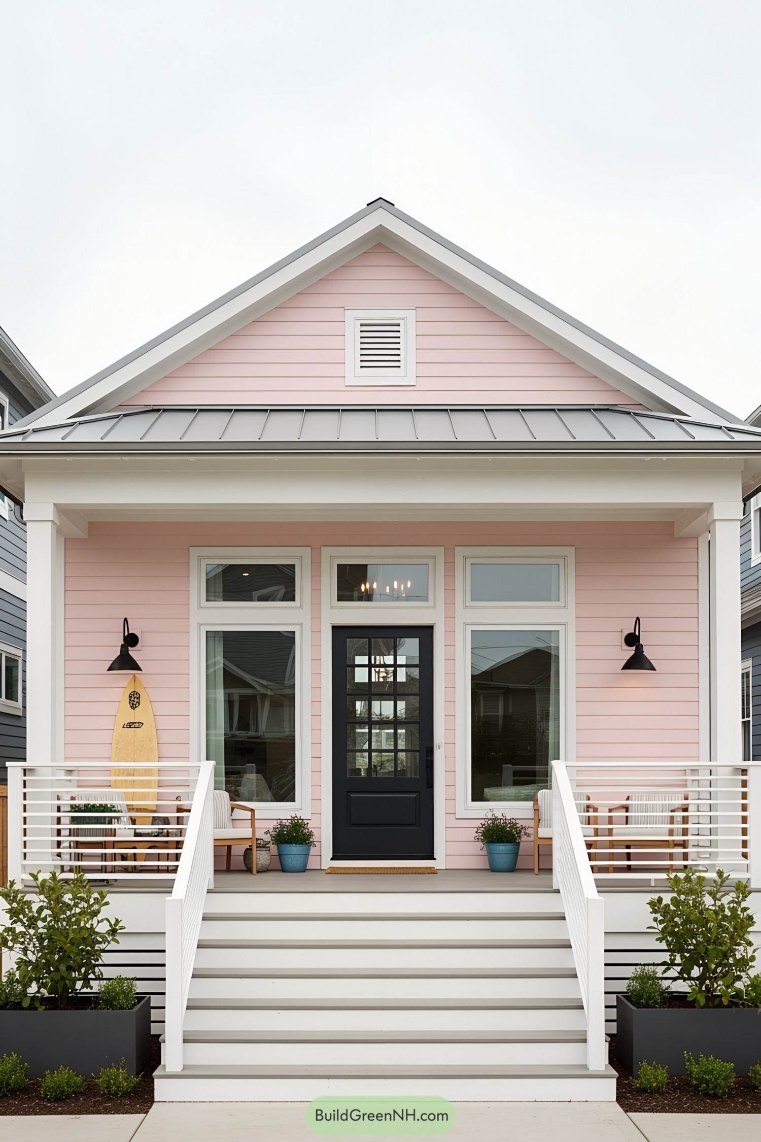 Charming pink bungalow with a surfboard by the door