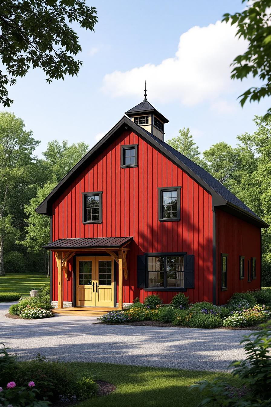 Charming red barn with flowers
