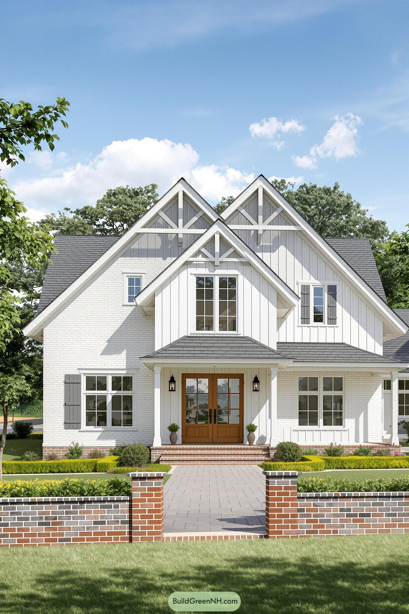 White craftsman house with lush greenery