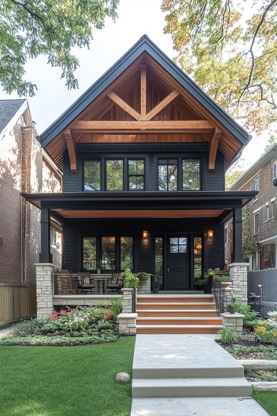 Charming craftsman house with wooden gables and lush garden