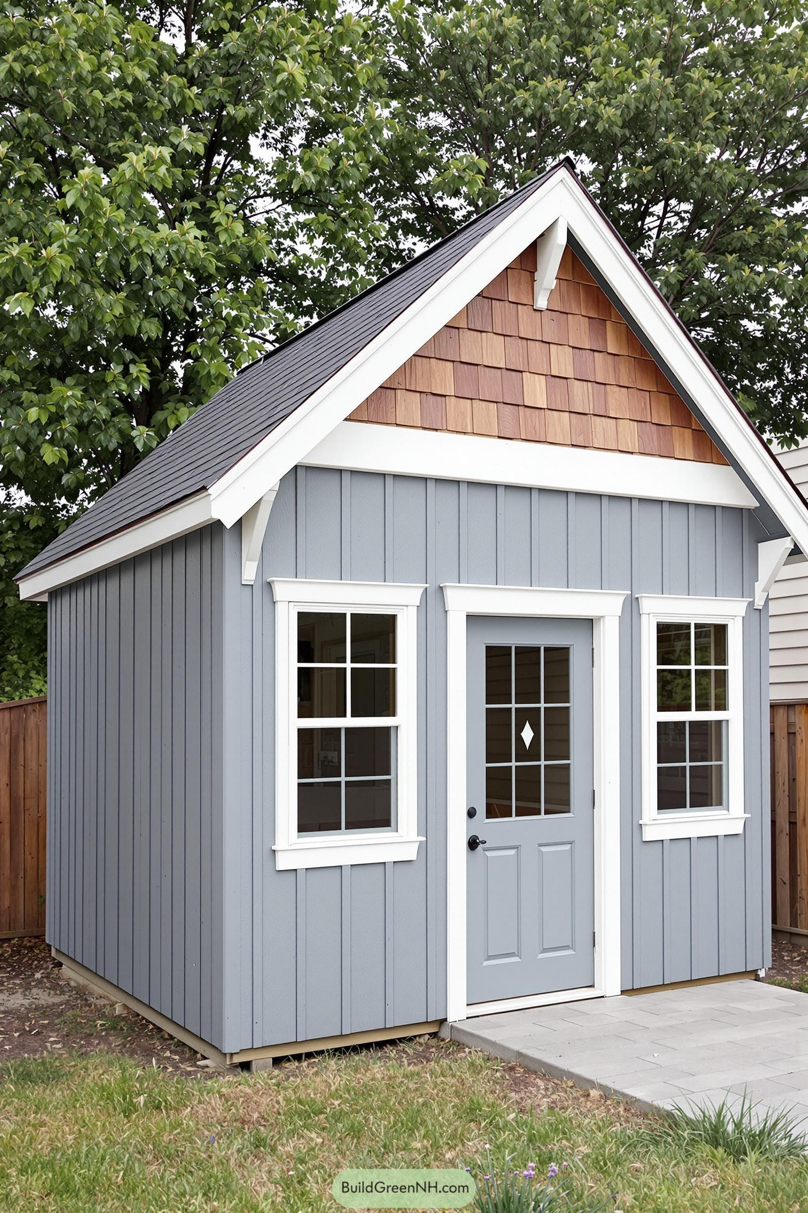 Compact gray shed with white trim and shingle roof