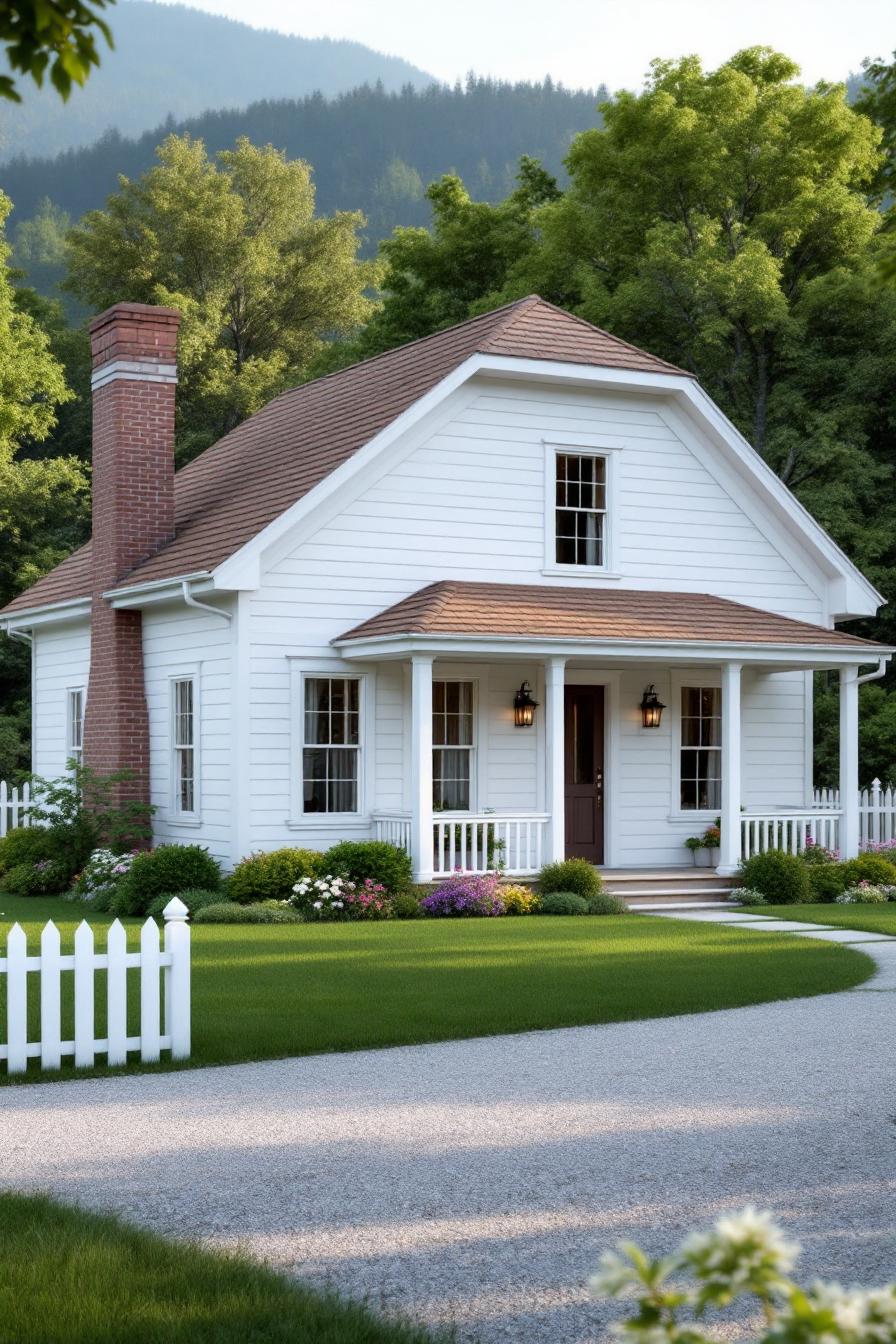 A charming small white cottage with a porch and a brick chimney