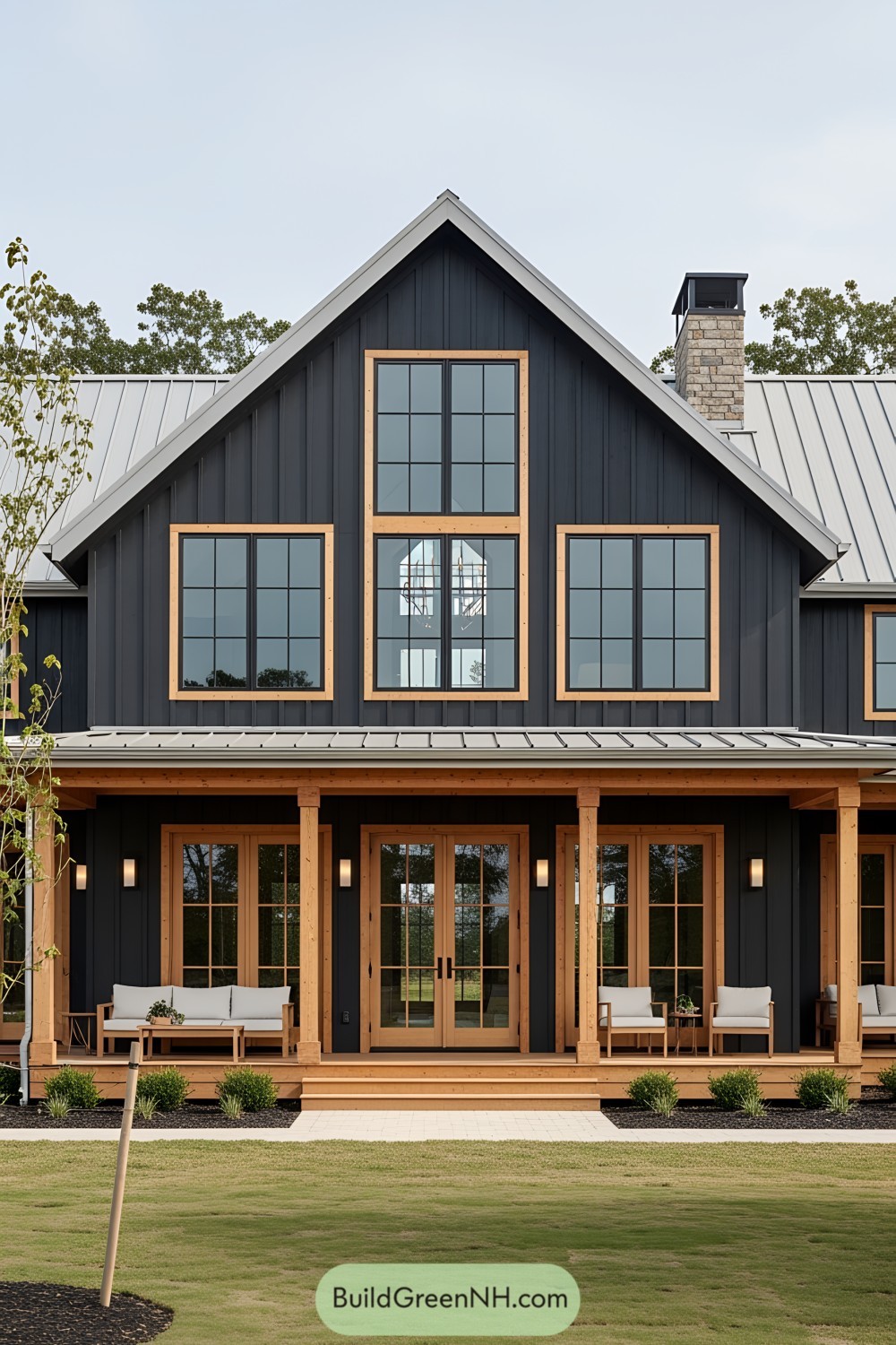 Stylish barndominium with tall black windows and wooden accents