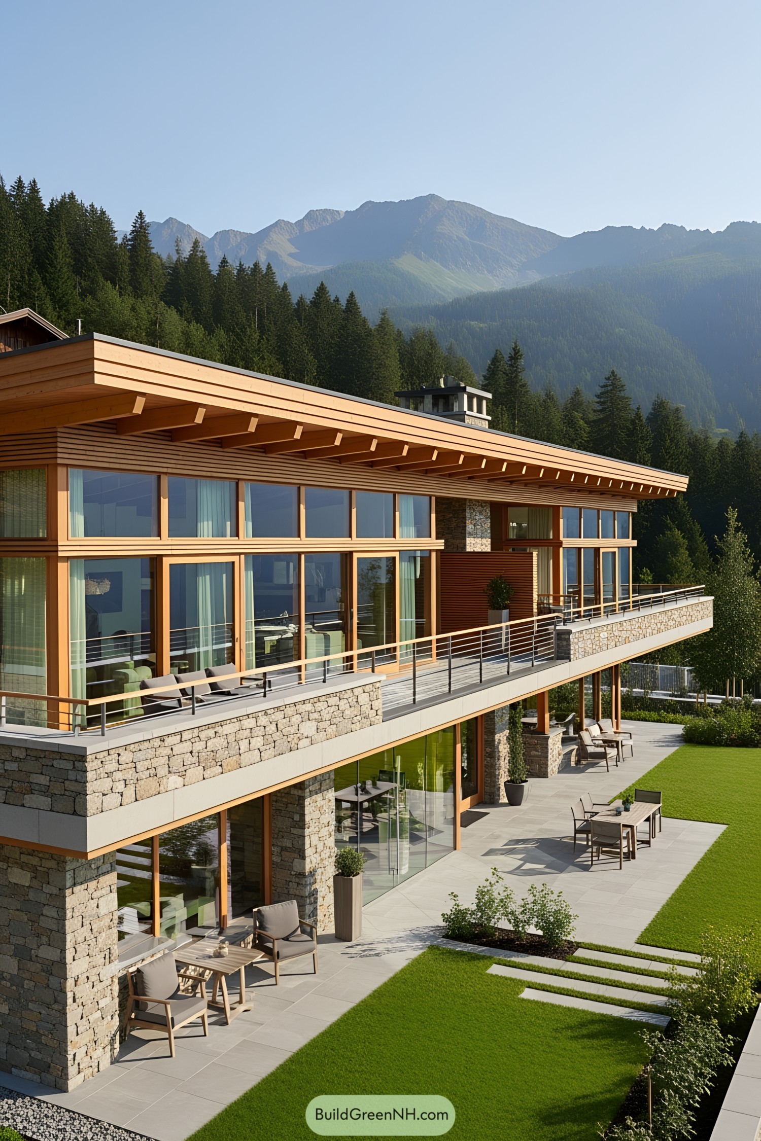 Modern villa with large windows under a wooden roof, surrounded by mountains
