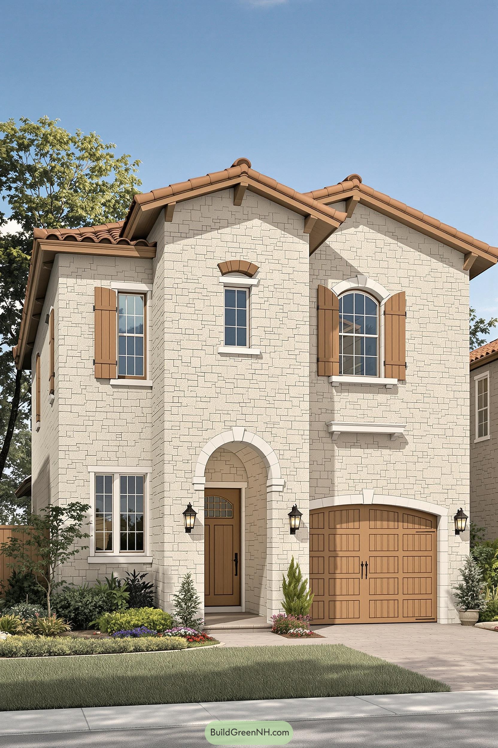 Two-story Tuscan-style house with soft stone façade and wooden accents