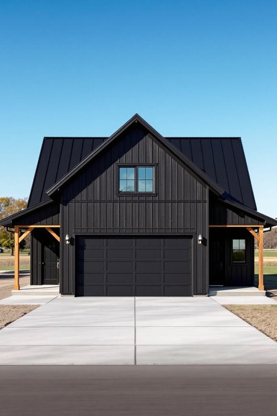 Sleek black barndominium with a pitched roof