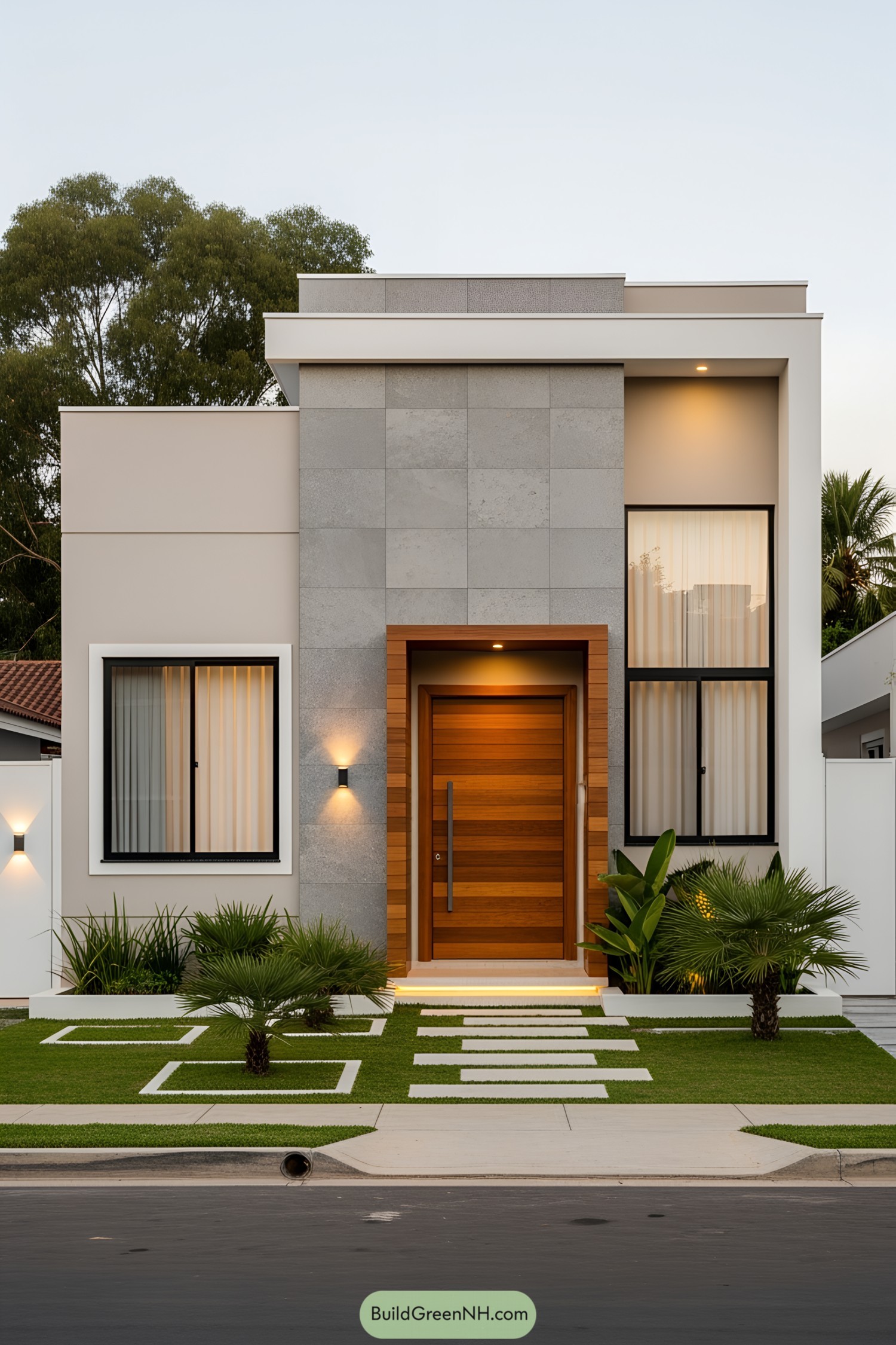 Modern boxy bungalow with sleek lines and palm accents