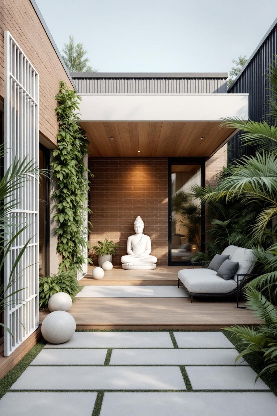Outdoor seating area with plants and a Buddha statue