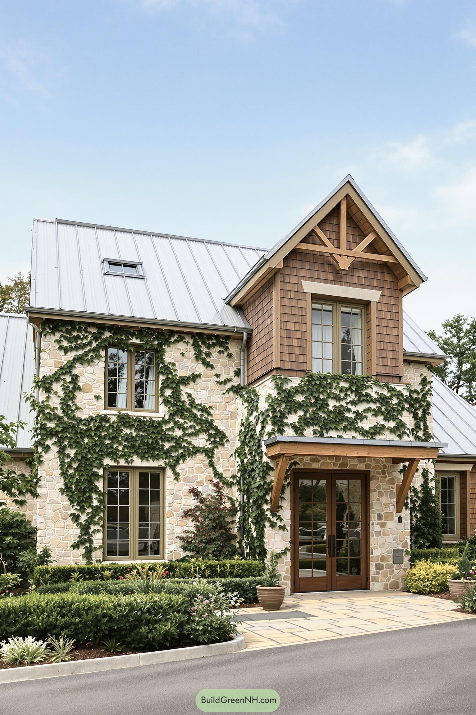 Stone farmhouse with ivy on walls and rustic wooden accents