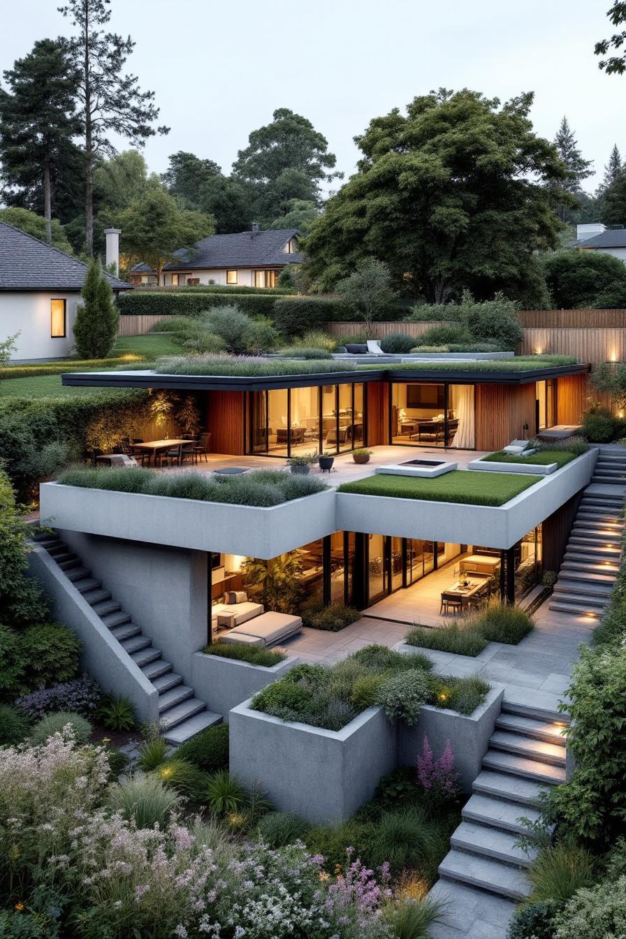 Modern house with lush rooftop gardens and outdoor terraces