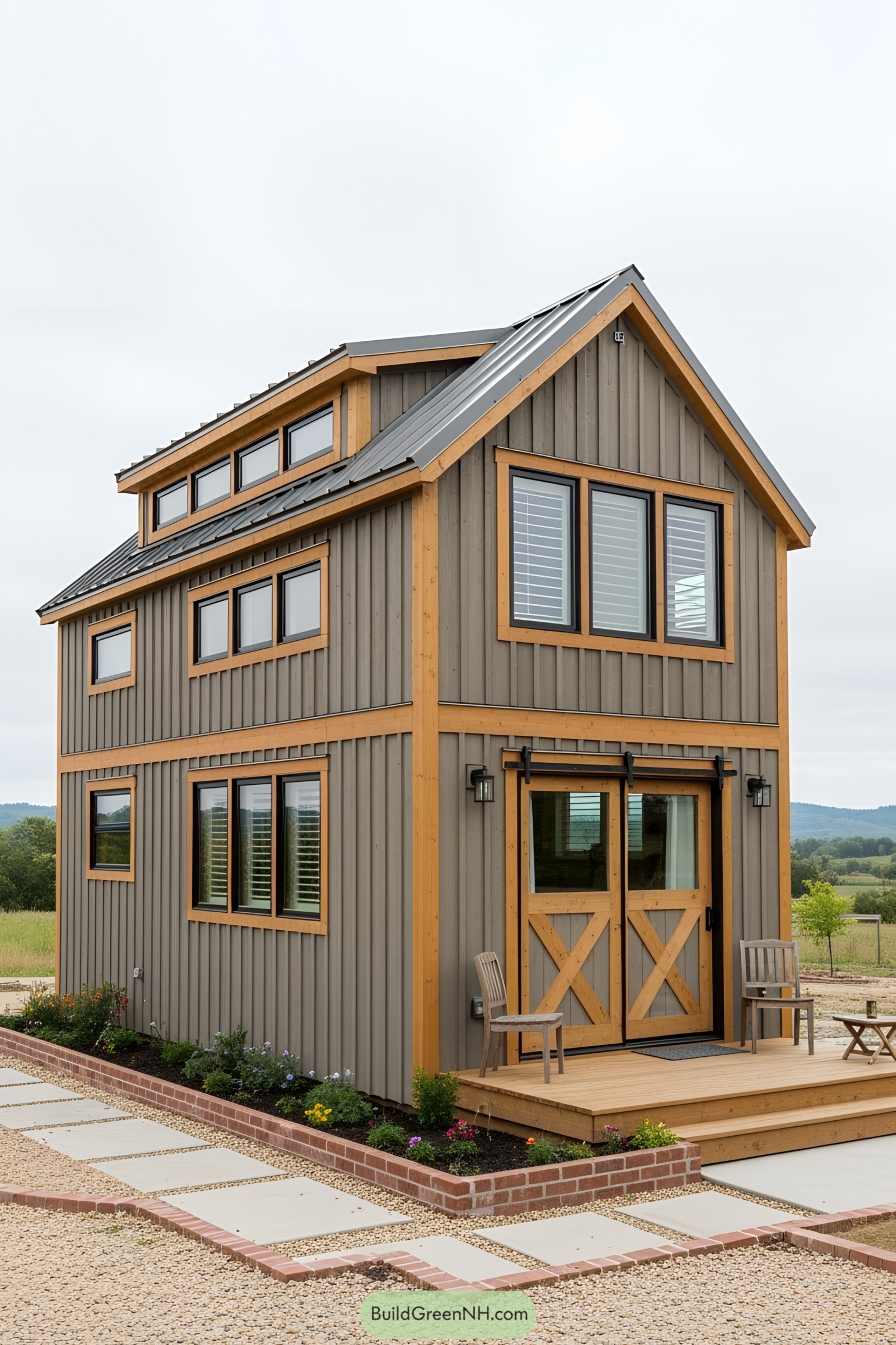 Compact barndominium with a modern design in a field