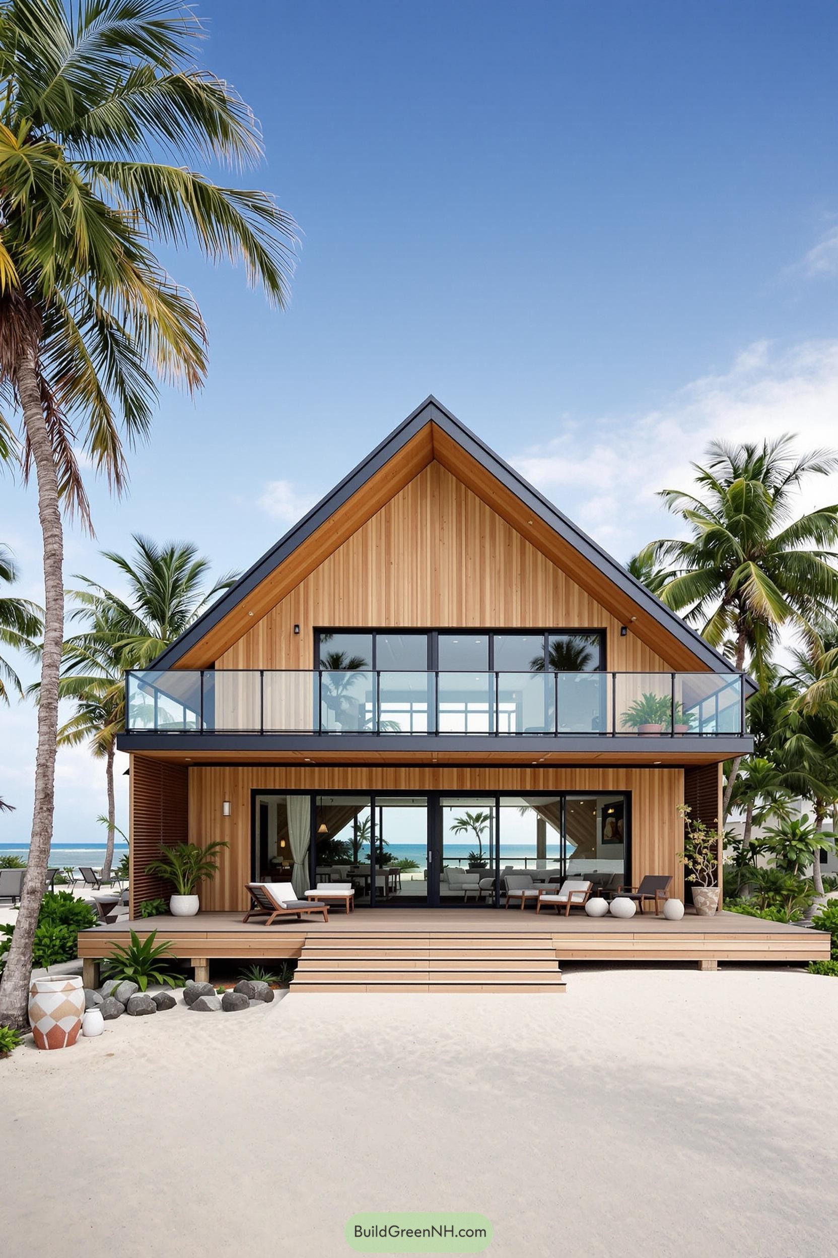 Modern wooden A-frame by the beach with palm trees
