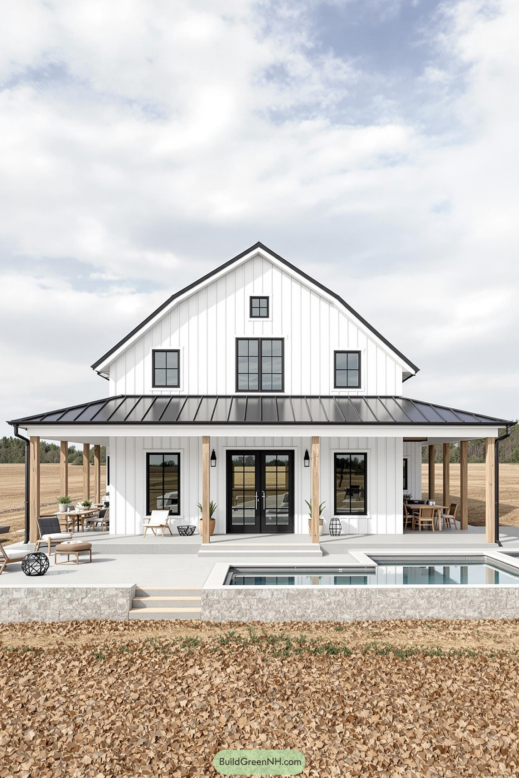 Sleek white barndominium with a porch and pool