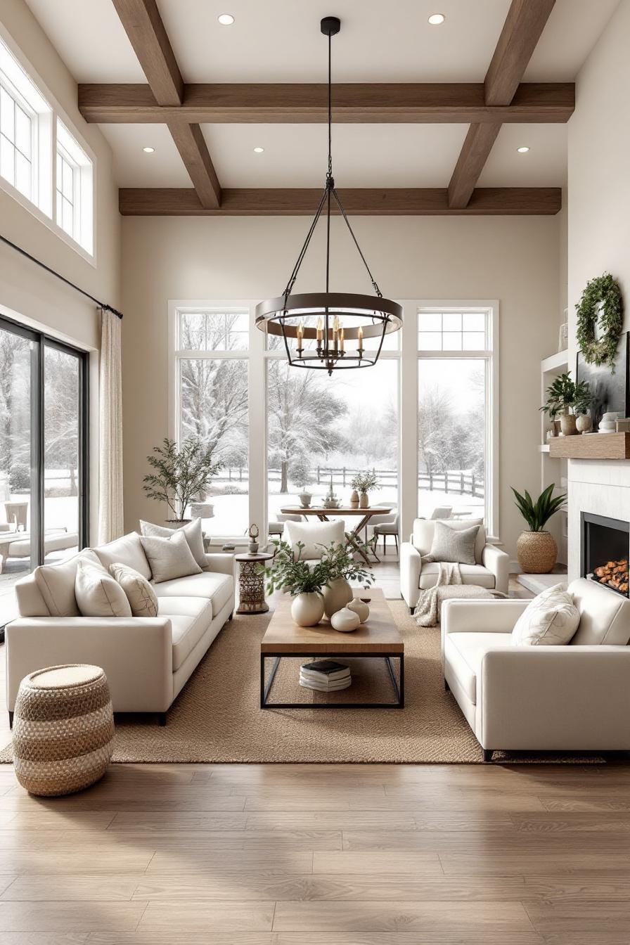 Bright and cozy farmhouse living room with large windows