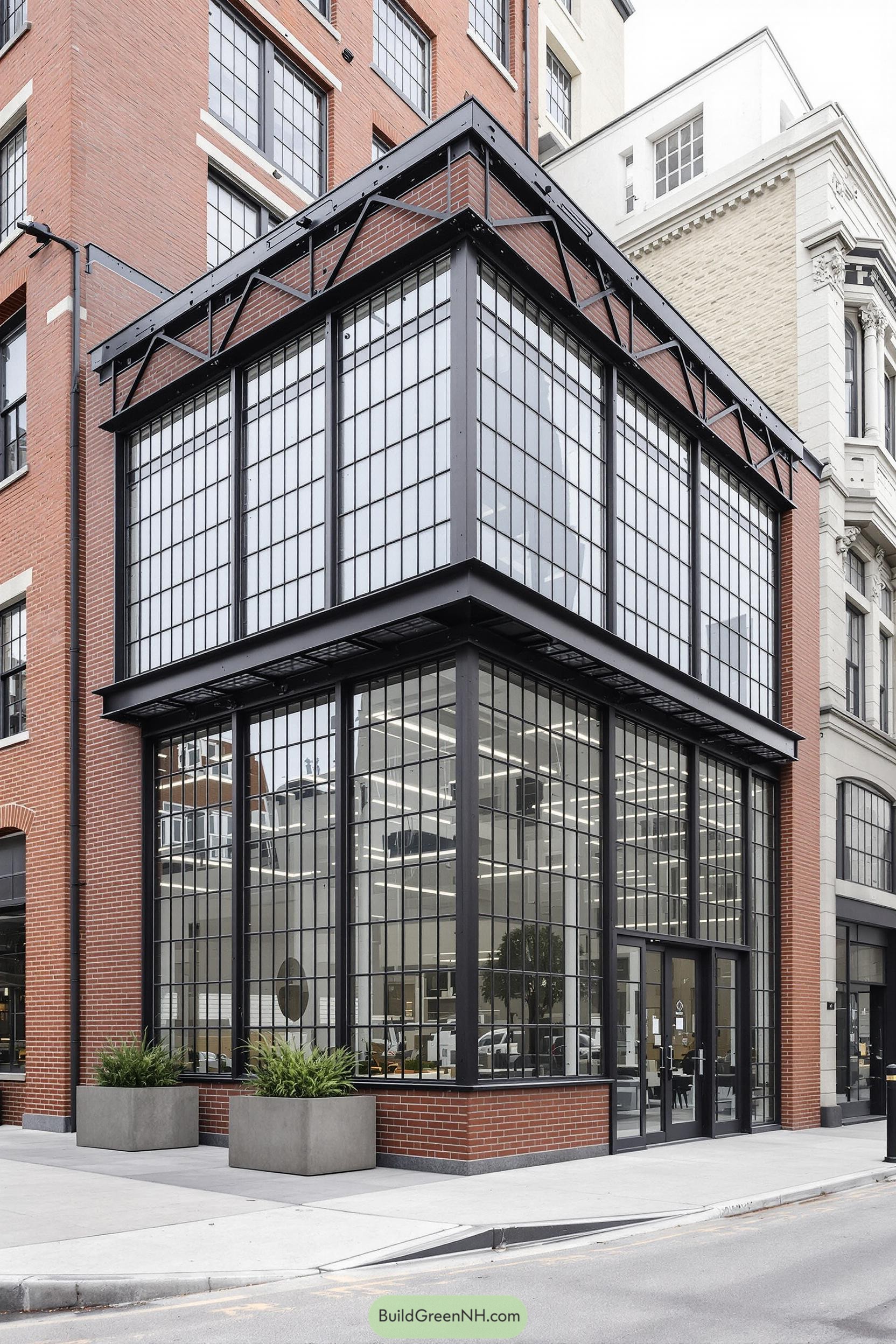 Industrial building with large grid windows and red bricks