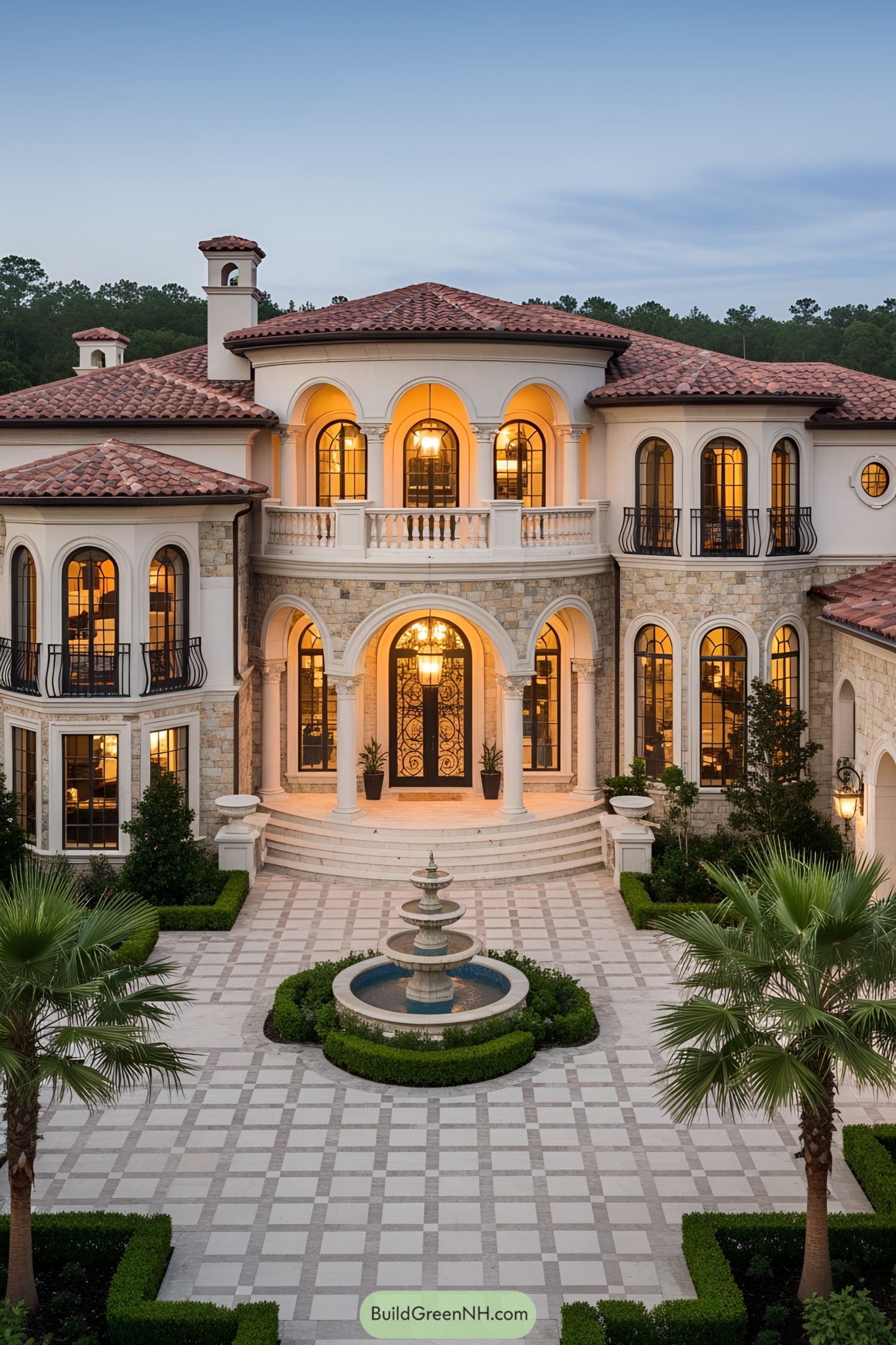 Elegant Mediterranean residence with glowing windows and a grand fountain