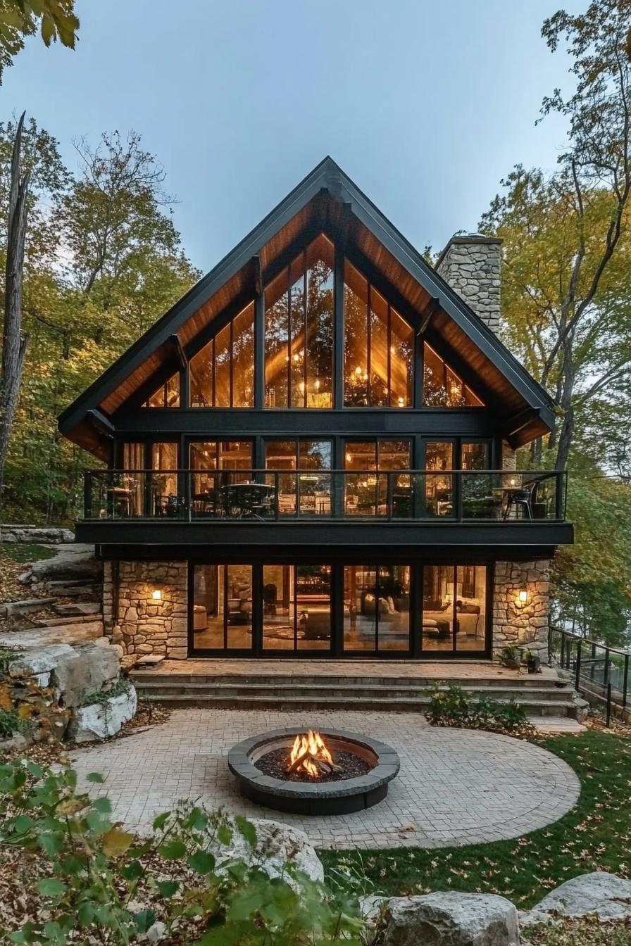 Cozy stone and glass cabin with a glowing fire pit in a forest setting
