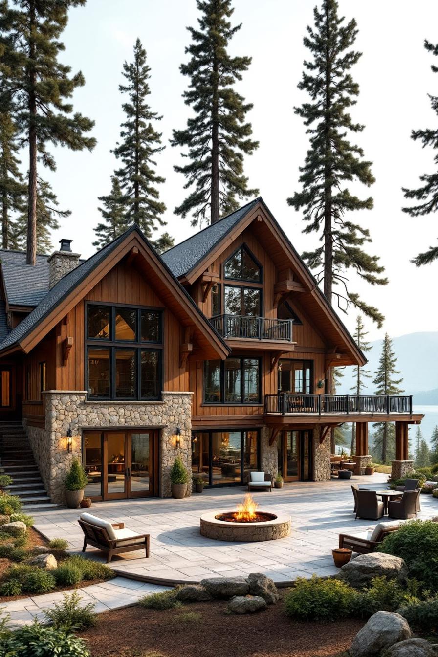Luxurious cabin with a fire pit and mountain backdrop