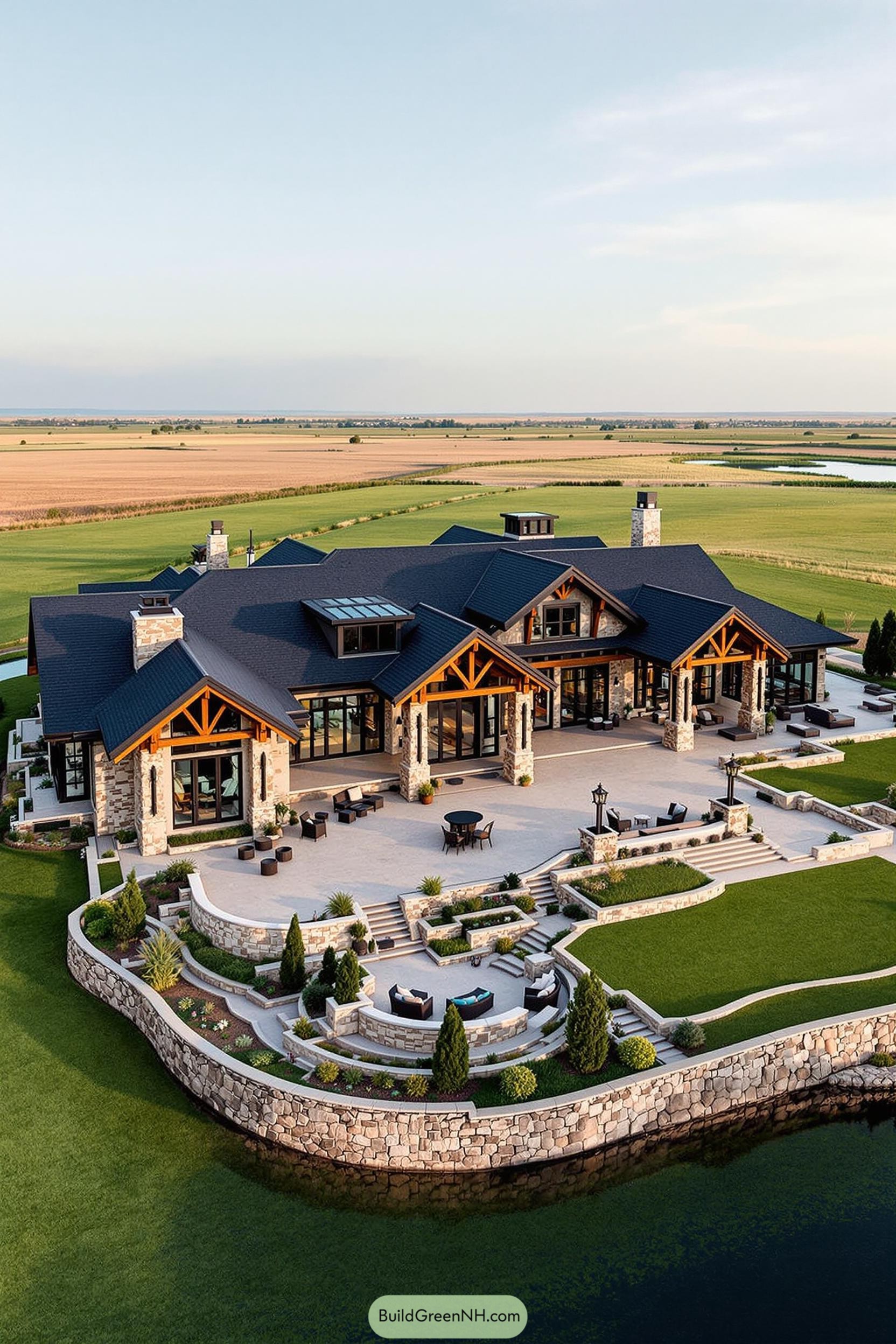 Expansive stone ranch house with large terrace and lush landscape
