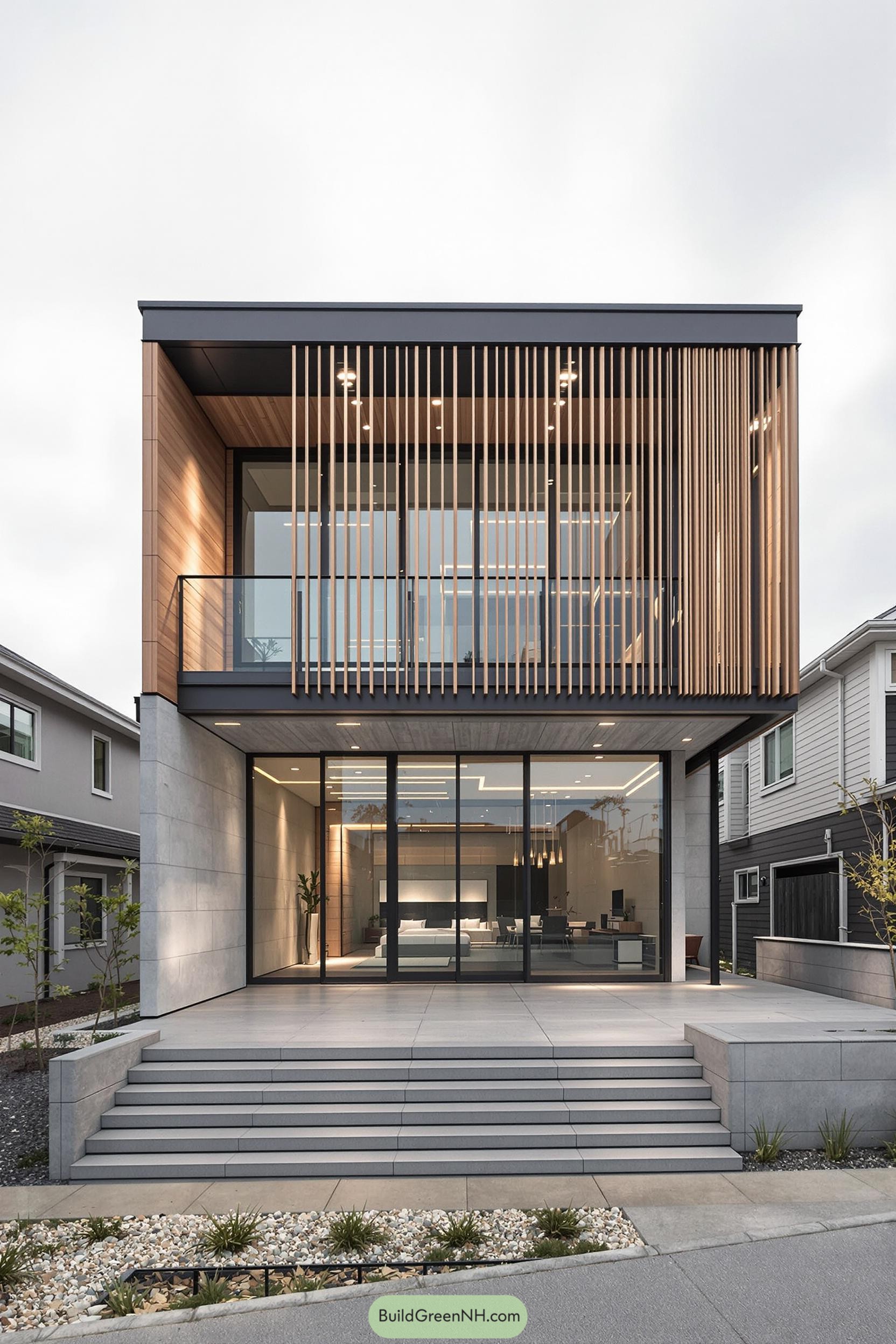 Modern cubic house with wooden slats and large windows