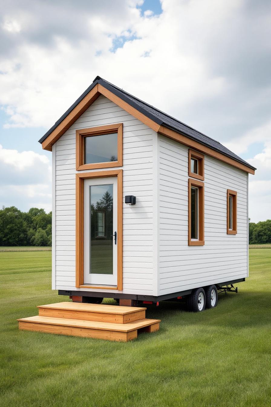 Compact white micro house on green field with wooden trim and steps