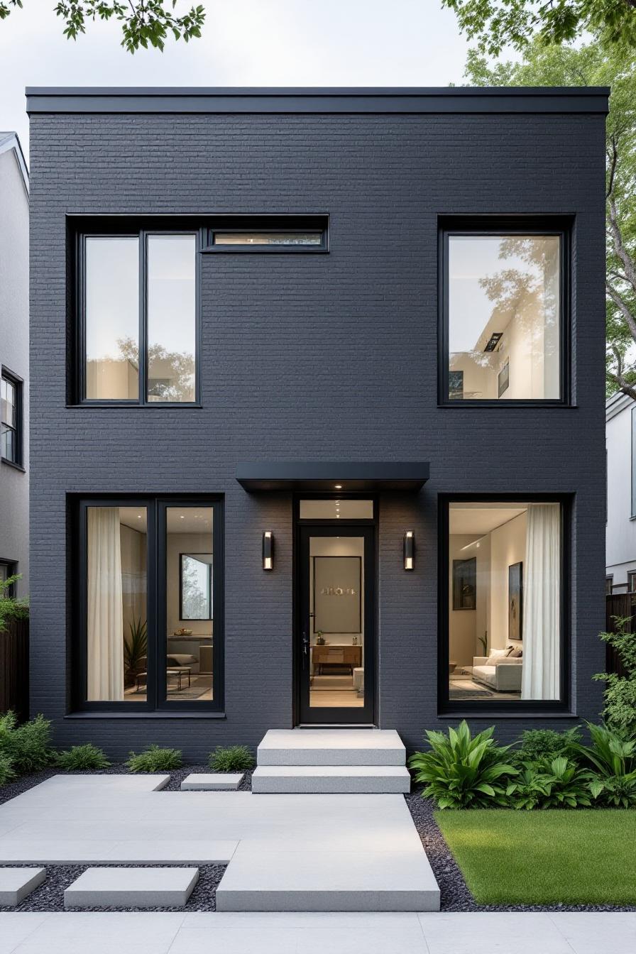 Dark gray brick house with large windows and a minimalist entrance