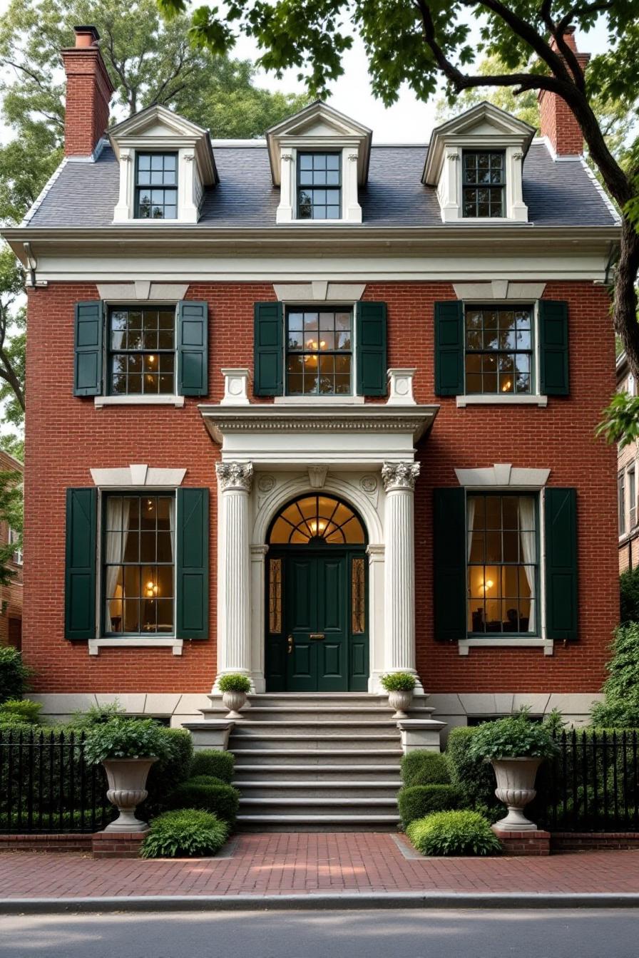 Classic red brick house with columns and green shutters