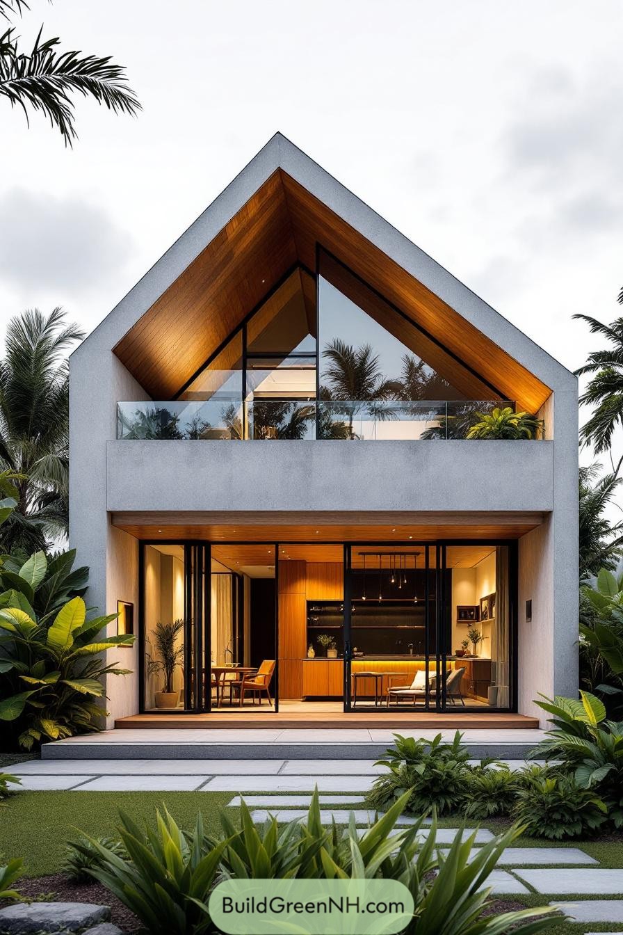 Modern tropical house with large windows and lush surroundings