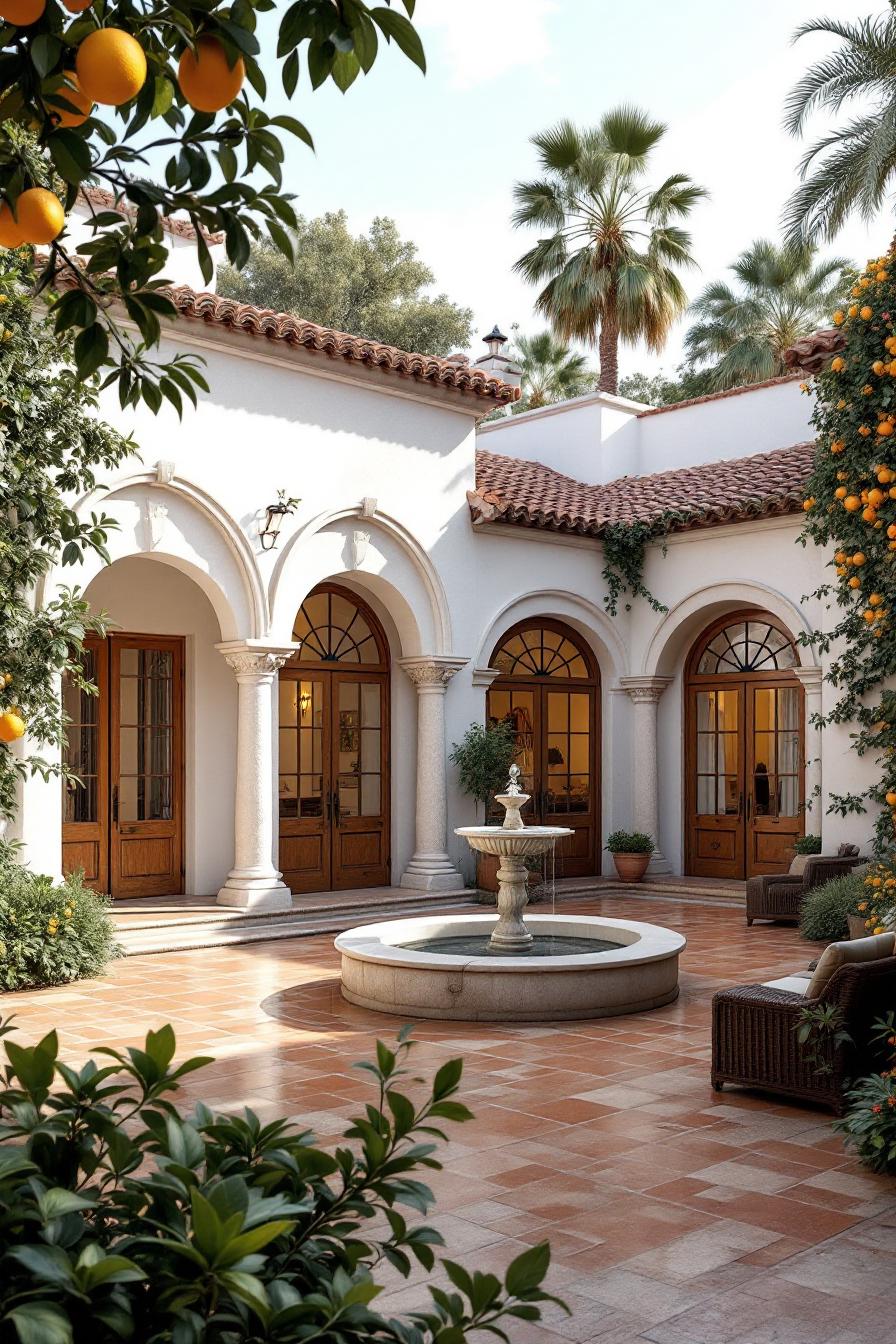 Charming Spanish courtyard with a central fountain surrounded by arches and greenery