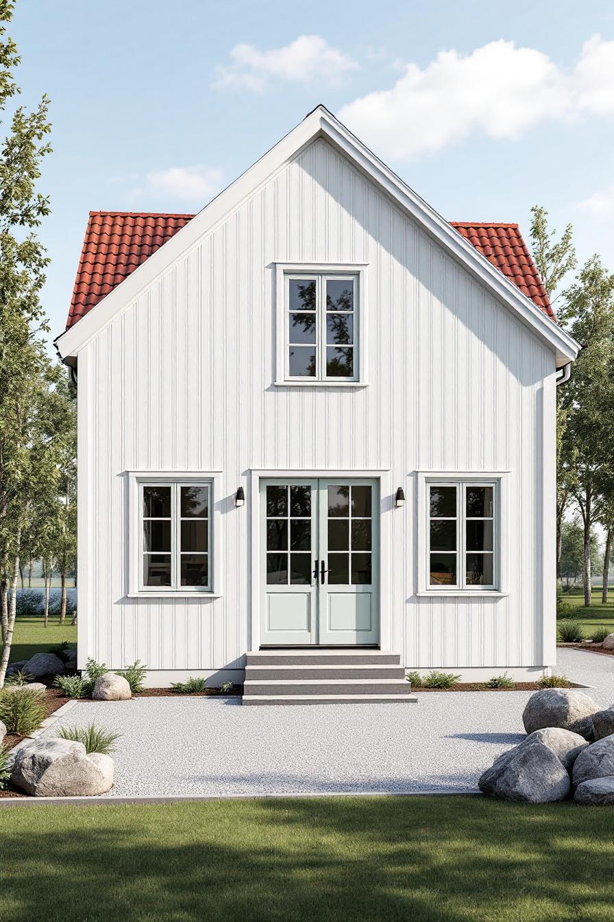 A white country house with a red roof surrounded by greenery