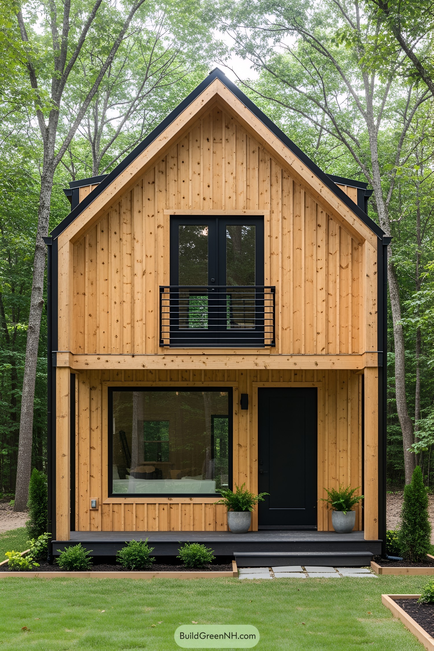 Compact two-story wooden house with a balcony in a forest setting
