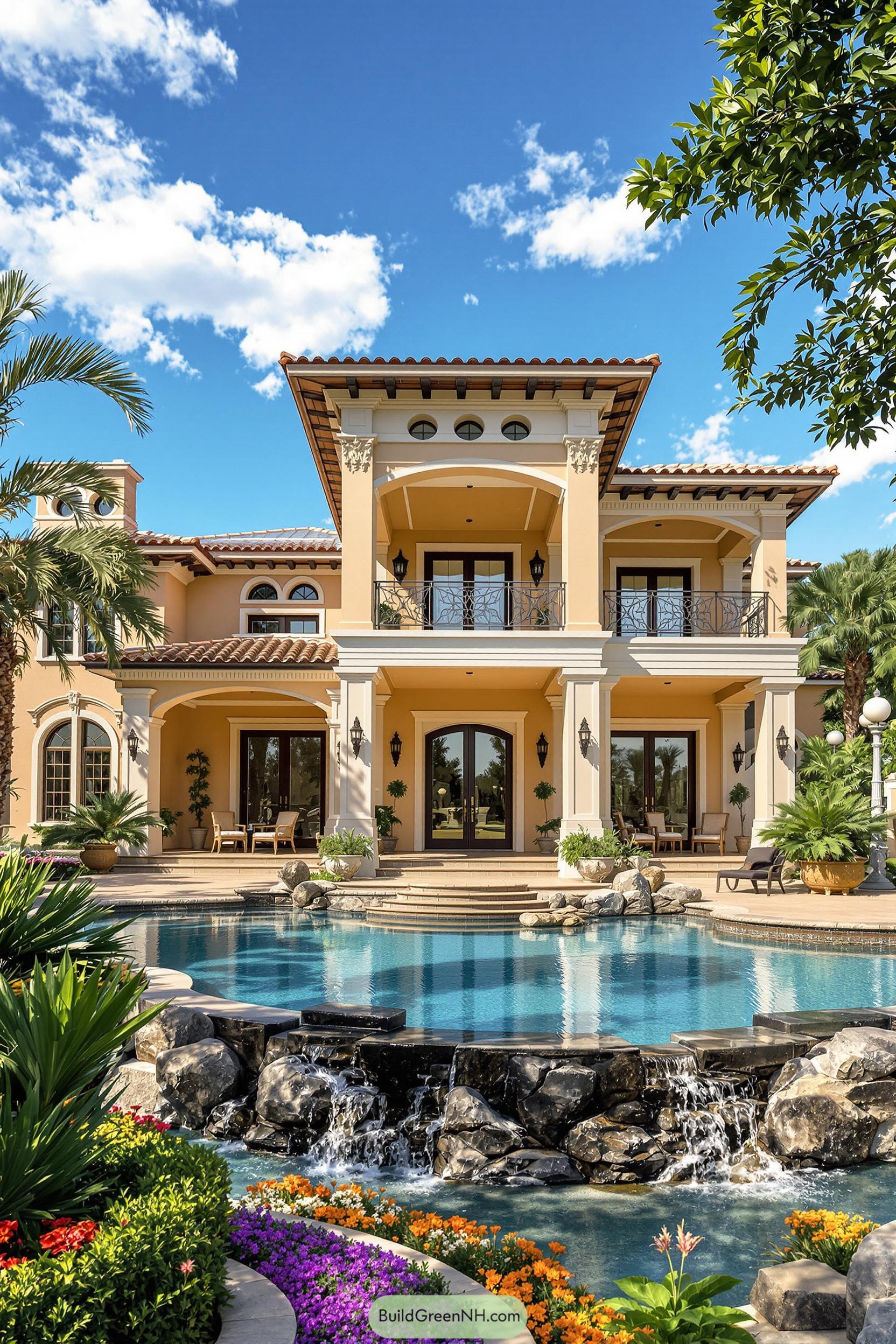 Elegant Tuscan mansion with pool and lush landscaping