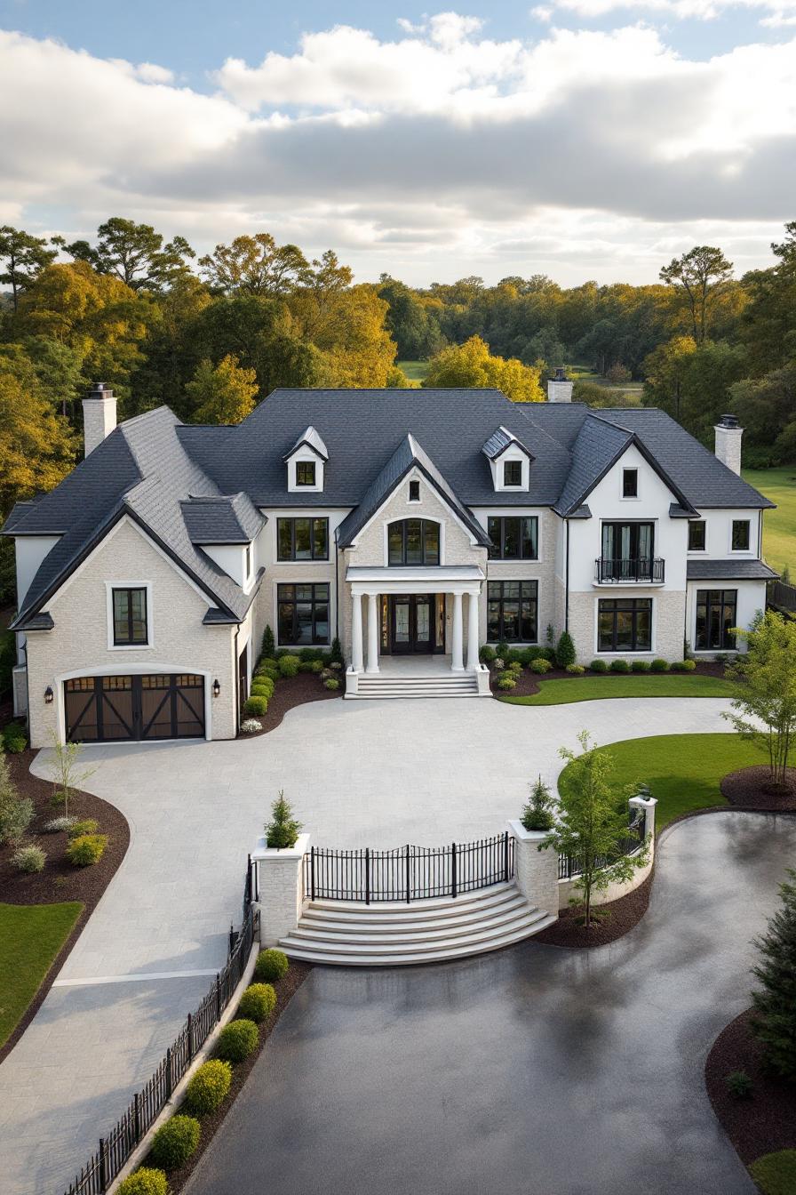 Elegant white mansion with manicured gardens