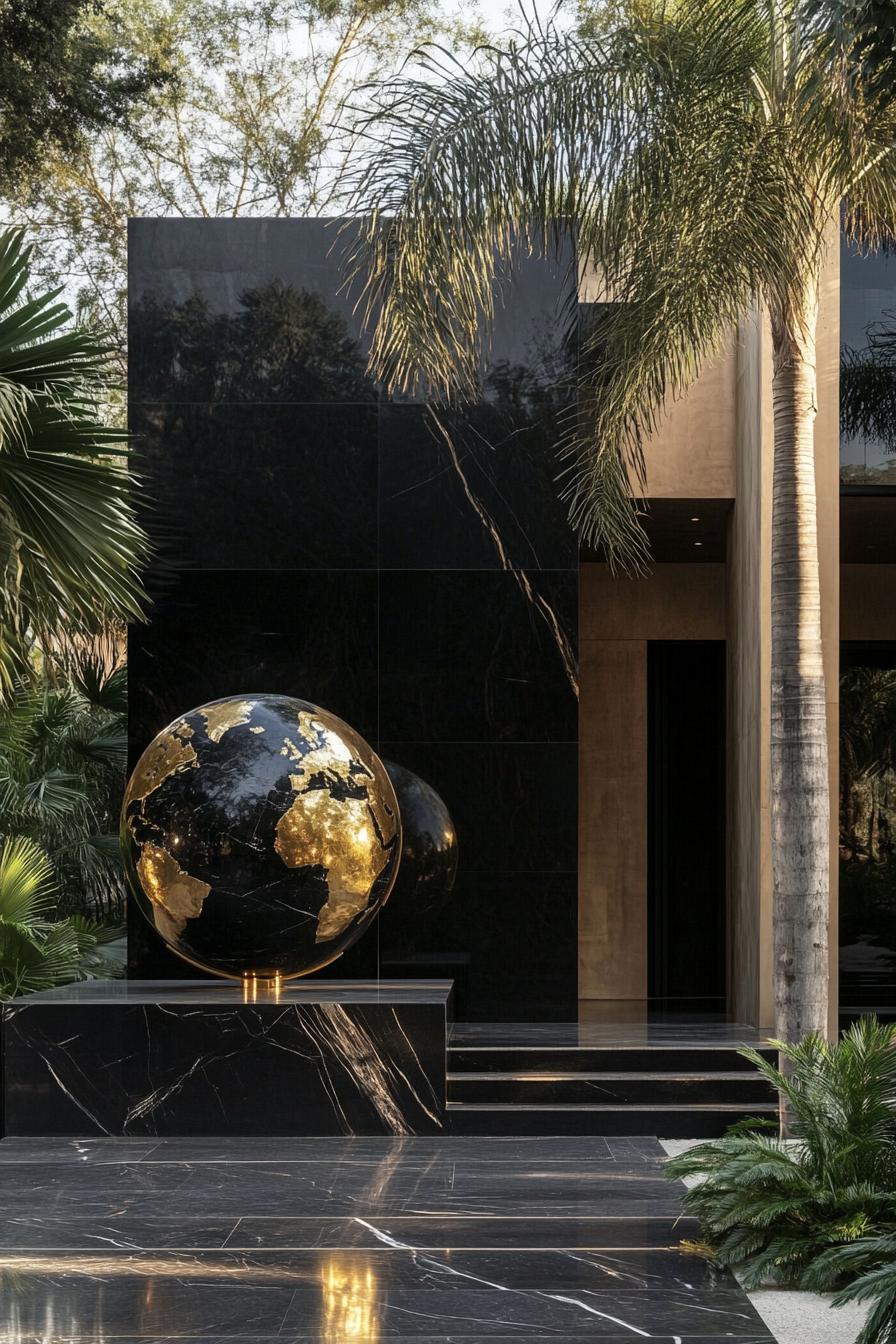 Luxurious black house with a golden globe centerpiece