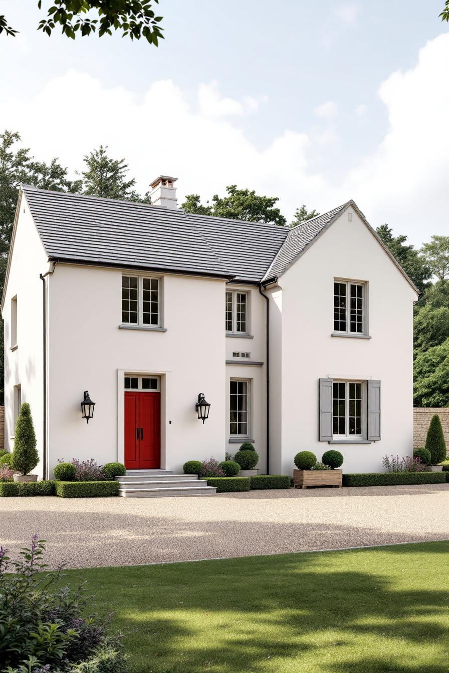 Two-story farmhouse with red door and white facade