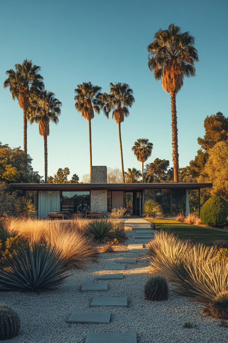 Modern bungalow surrounded by tall palm trees and desert landscaping