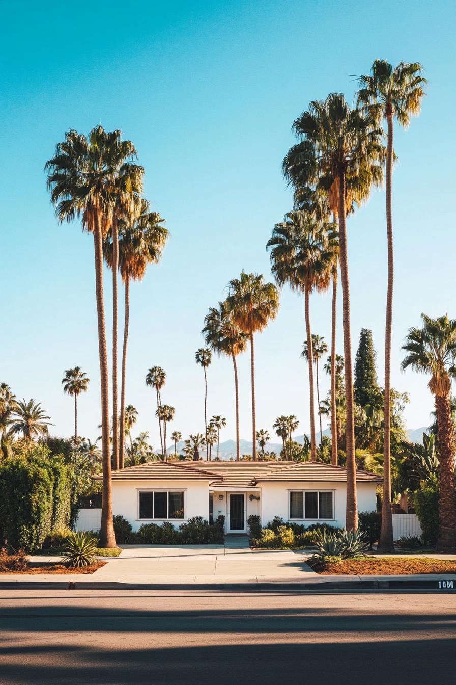 White bungalow with palm trees under a bright blue sky