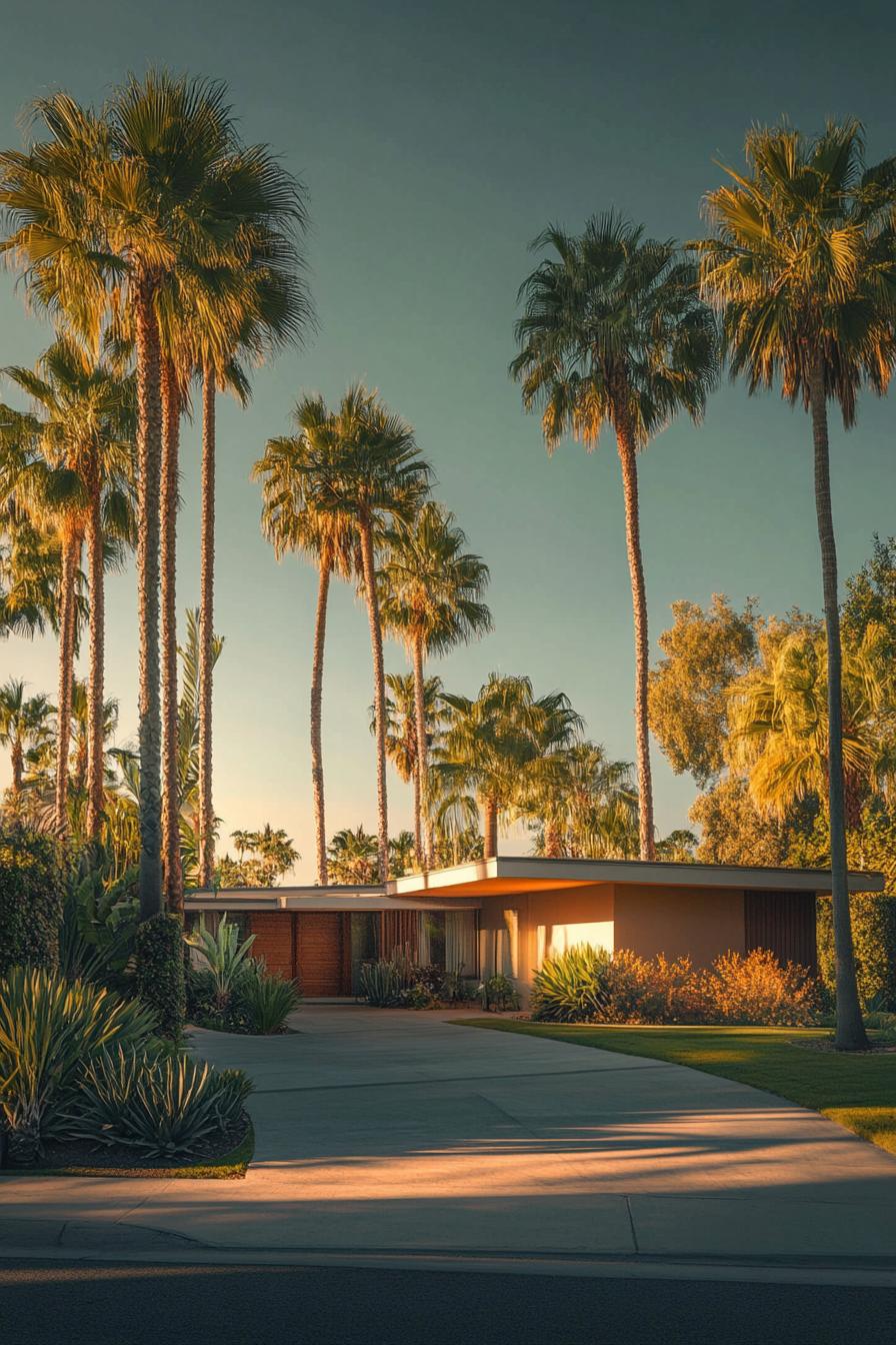 Sunny bungalow with tall palm trees