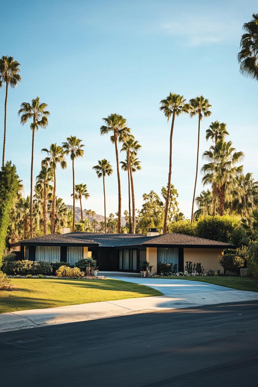 Charming bungalow with palm trees and clear blue sky